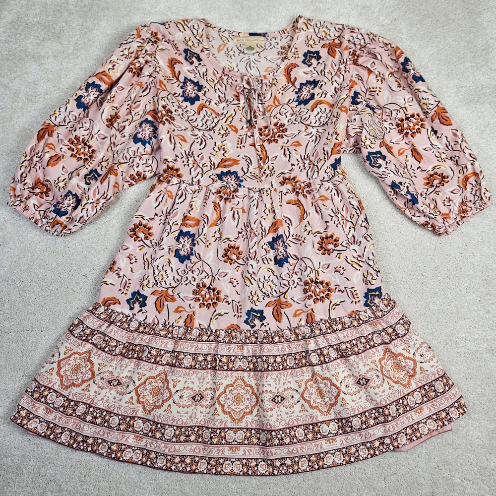 Women's BOG Collective Fall Floral Print Tie Neck Fairy‎ Mini Dress Boho Size XS